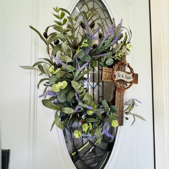 He Is Risen Easter Wreath • Christian Cross Spring Door Decor • 24” Grapevine - Picture 4 of 5